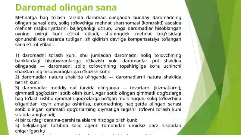 JISMONIY SHAXSLARNING TADBIRKORLIK FAOLIYATIDAN OLINADIGAN DAROMADLARINI SOLIQQA TORTISHNING O’ZIGA XOS XUSUSIYATLARI 4