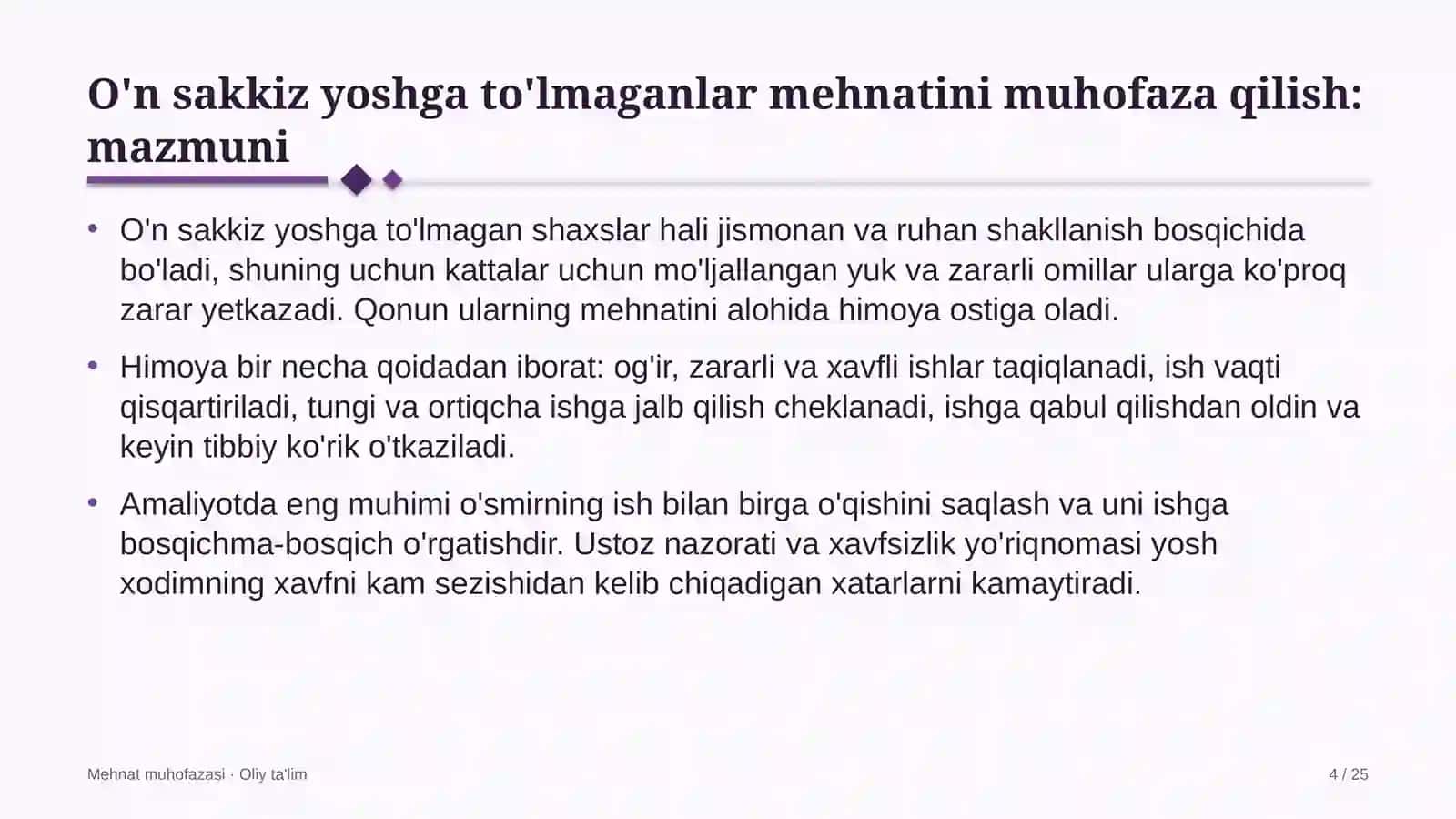 dilerlik tarmoqlarida o'n sakkiz yoshga to'lmagan xodimlar mehnatini muhofaza qilish 4195 4