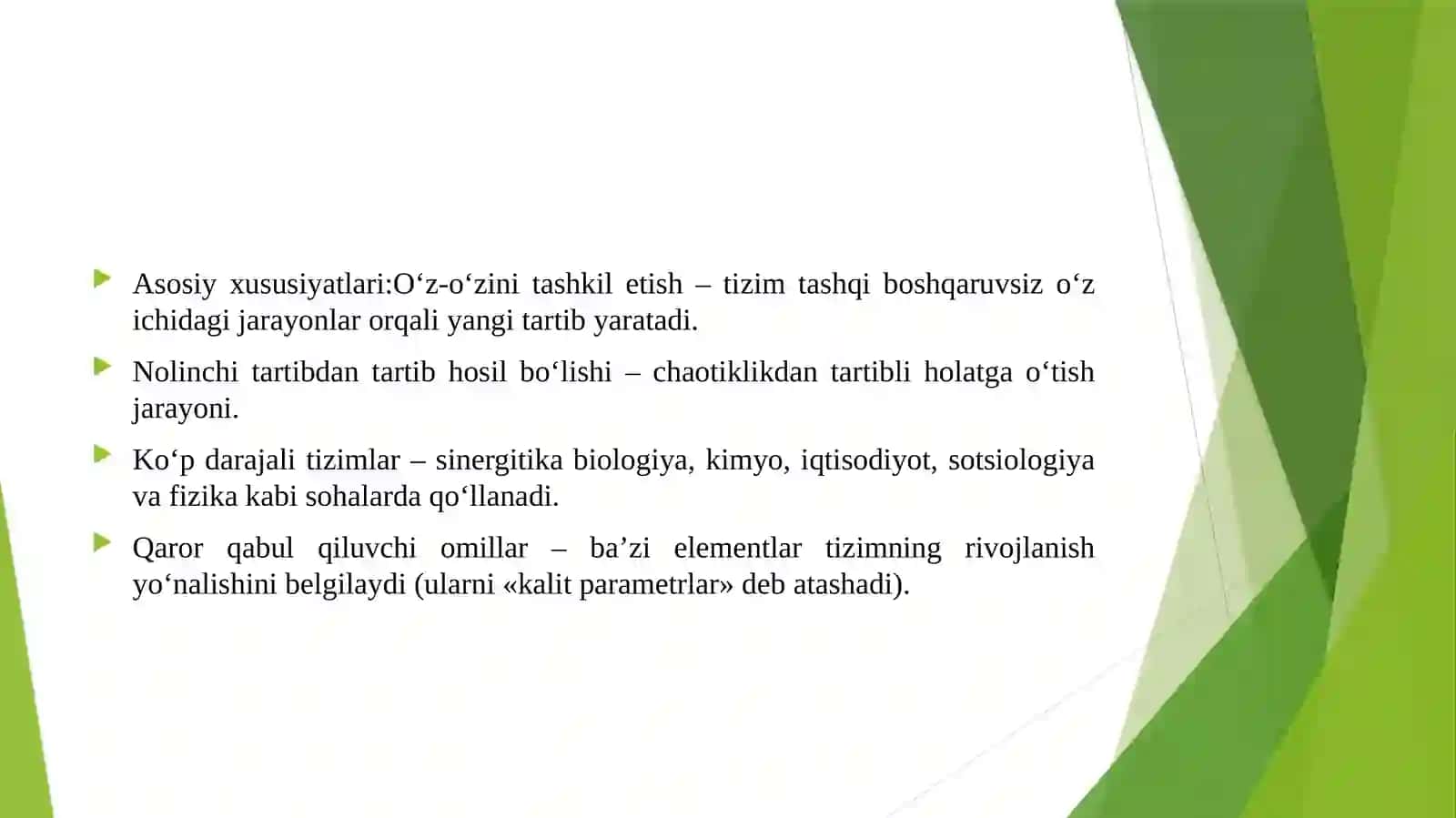 Ilmiy tadqiqotda- sinergitika muammosi.“Sinergetika” tushunchasi o‘z- o‘zidan tashkillanuvchi sistemalar haqidagi fan.”sinergitika” tushunchasi. 4