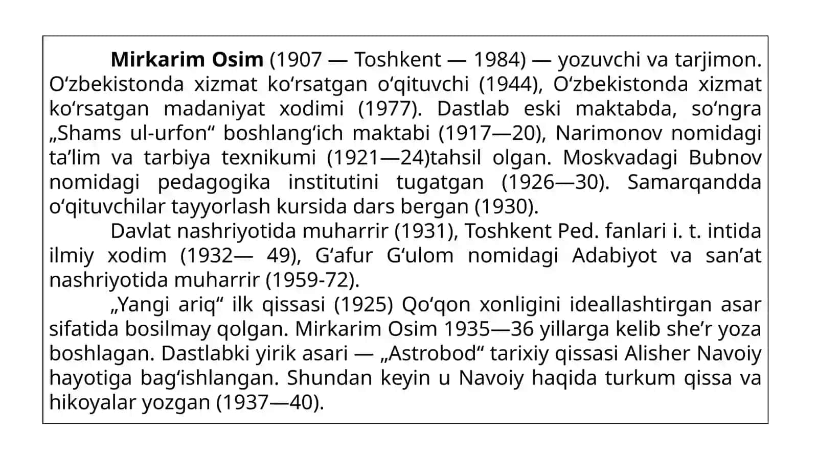 Mirkarim Osim. Hayoti va ijodi. To'maris 4