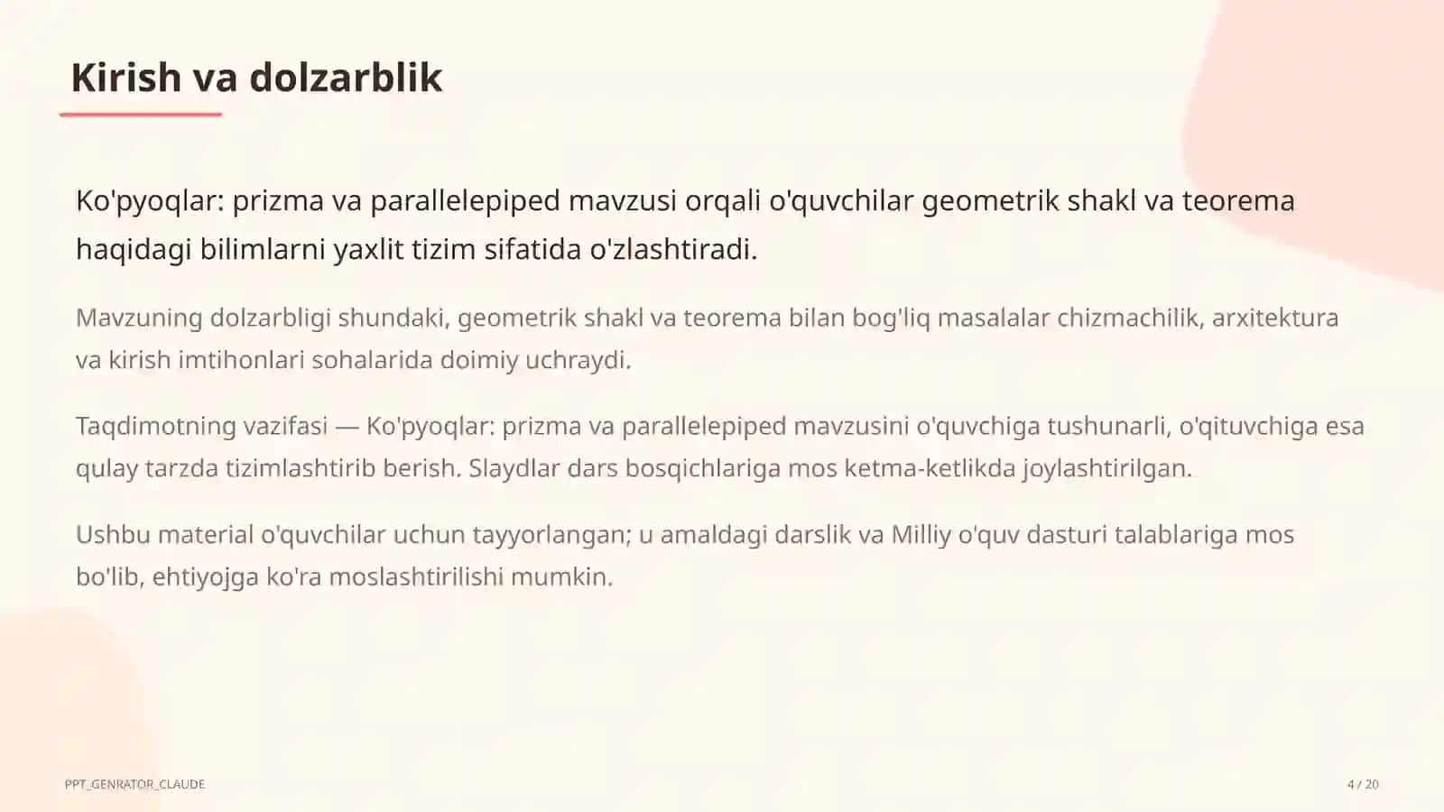 Ko'pyoqlar: prizma va parallelepiped (10-sinf) 4