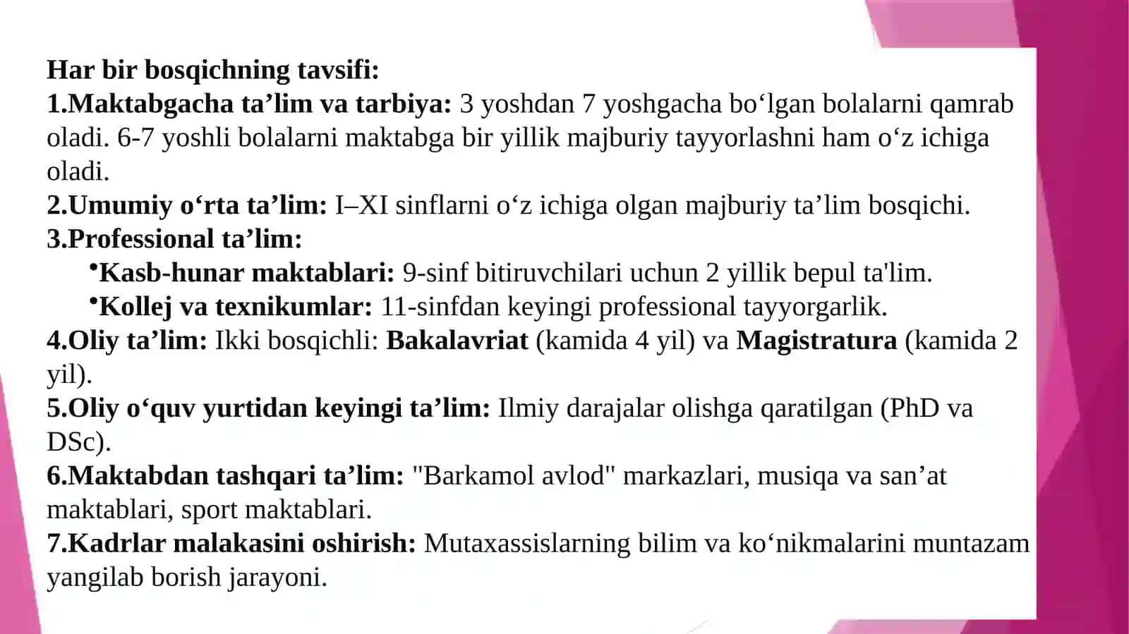 O'zbekiston Respublikasi Ta'lim To'g'risida qonunining mohiyati 4