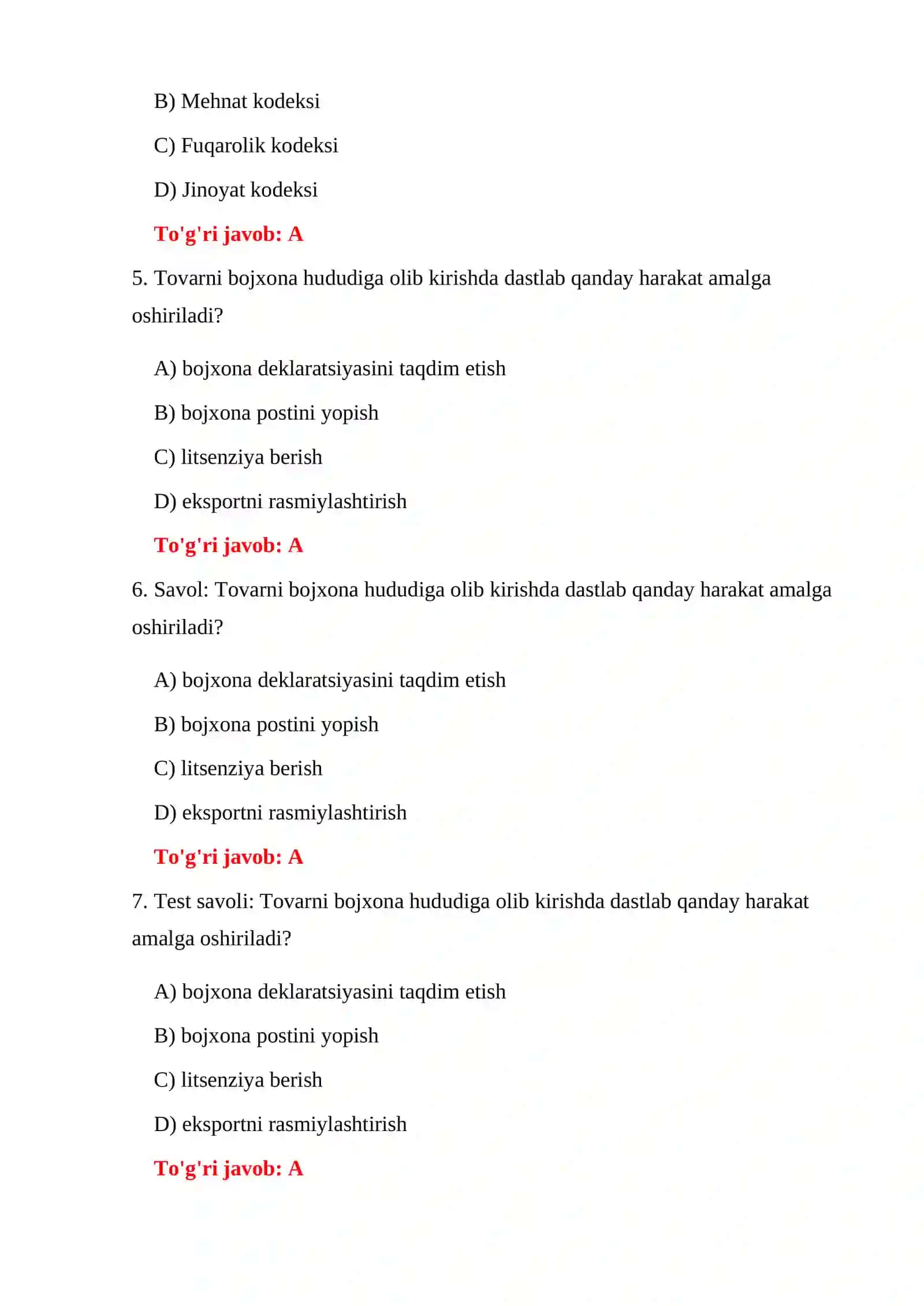 BOJXONA QO'MITASI XODIMLARI TESTLARI 4