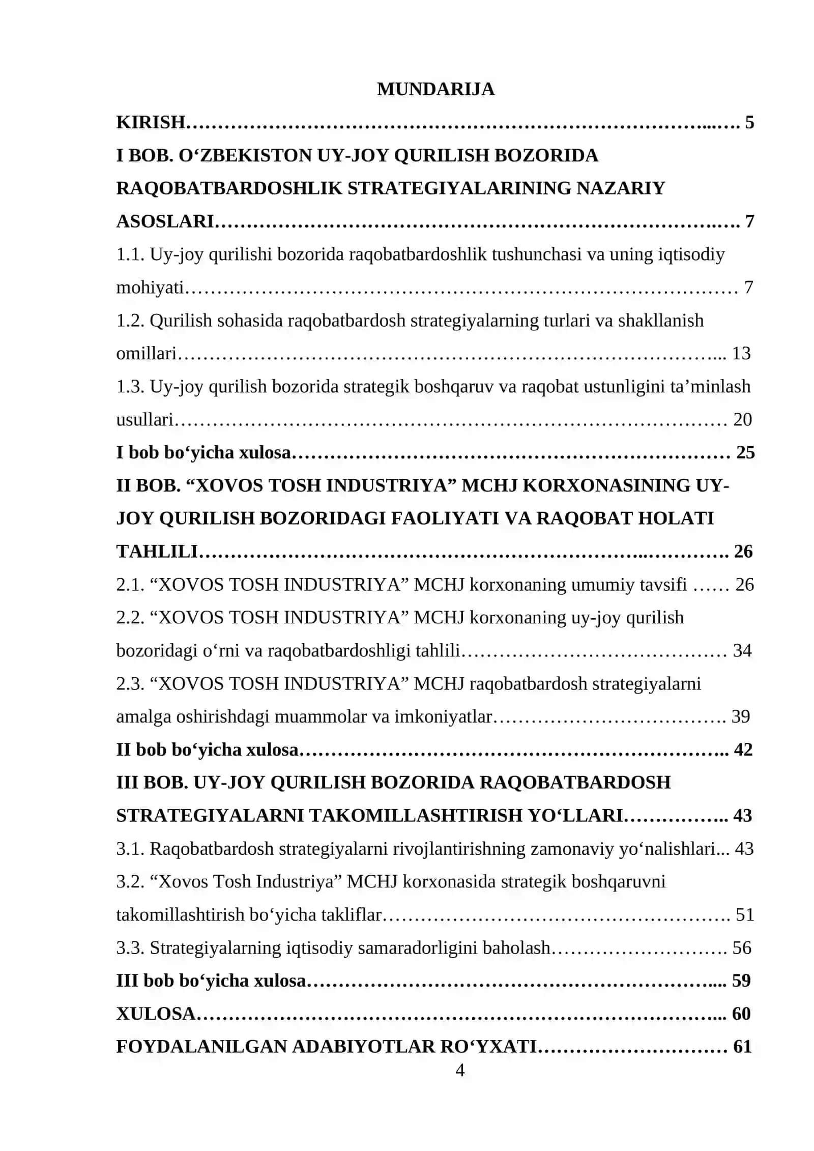 Oʻzbekiston uy-joy qurilishi bozorida raqobatbardosh strategiyalarini tahlil qilish(Xovos tosh industriya MCHJ korxonasi misolida) 4