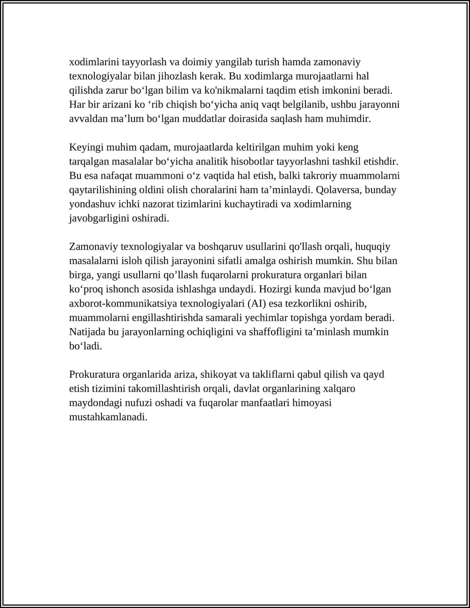 PROKURATURA ORGANLARIDA ARIZA, SHIKOYAT VA ( TAKLIF) MUROJATLARI BOʻYICHA ISHLASHNI TAKLIF QILISH 4