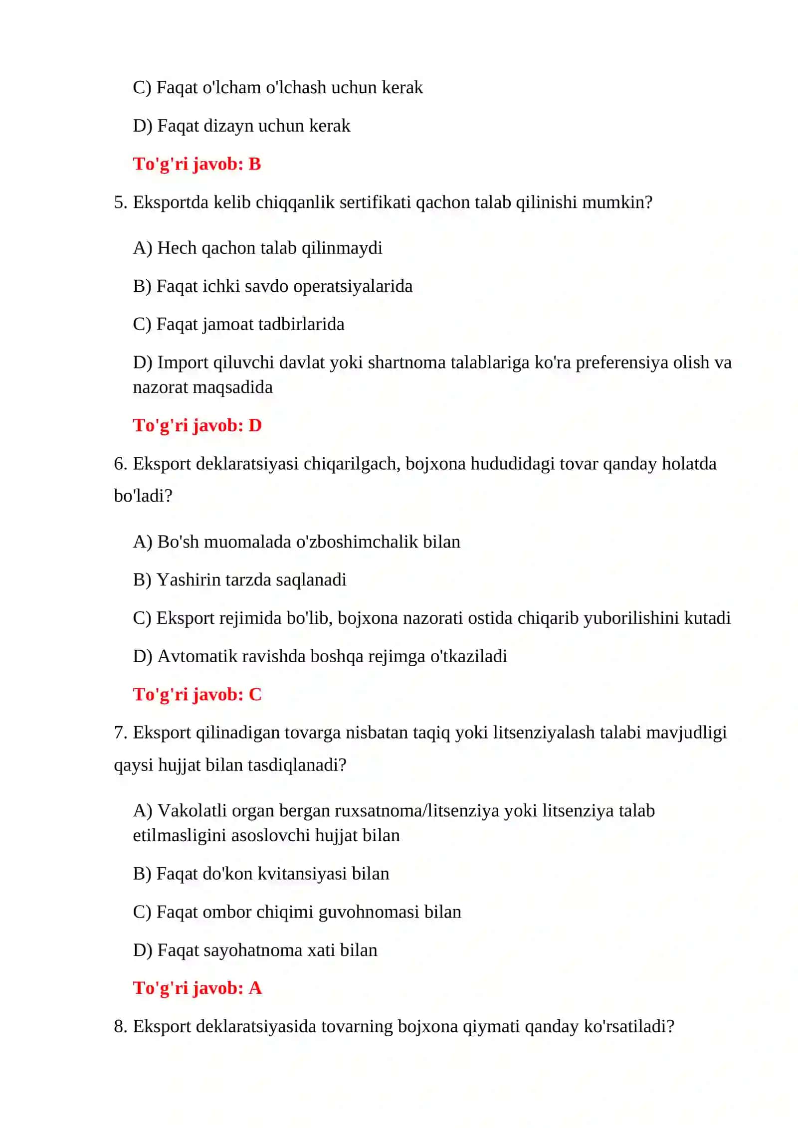 EKSPORT BOJXONA NAZORATI TESTLARI 4