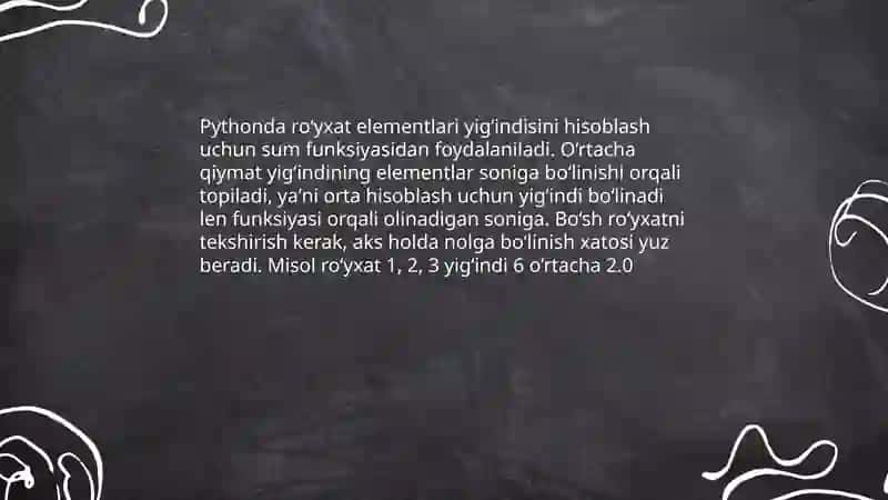 Massiv elementlari yig‘indisi va o‘rtacha qiymatini topuvchi dastur 4