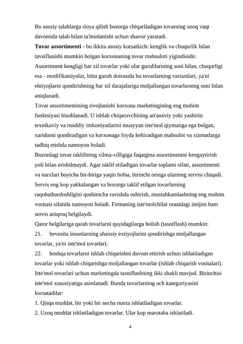 Marketing tizimida tovar tushunchasi, tovar siyosati va uning orni 4