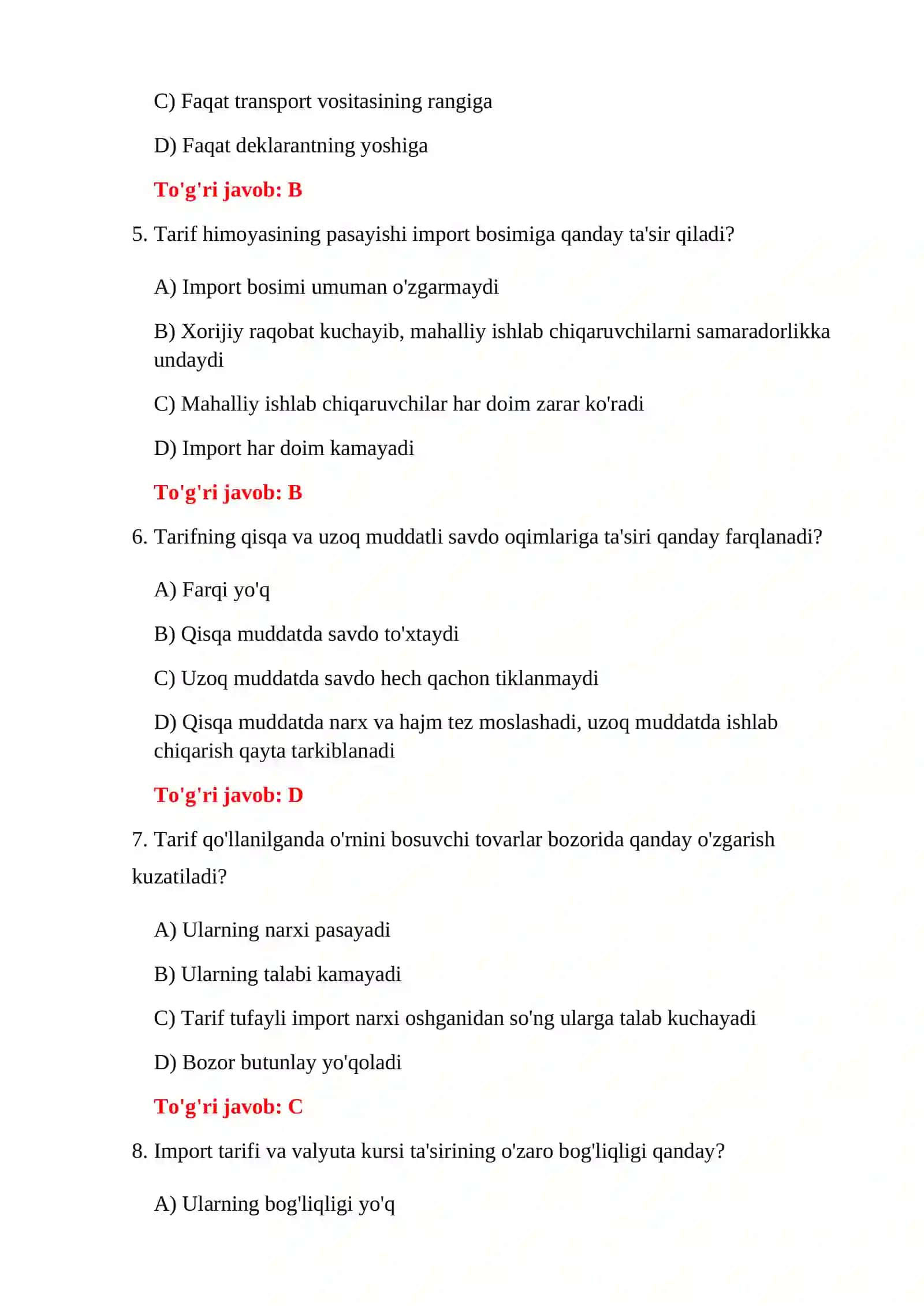 BOJXONA IQTISODIYOTI FANIDAN TESTLAR 4