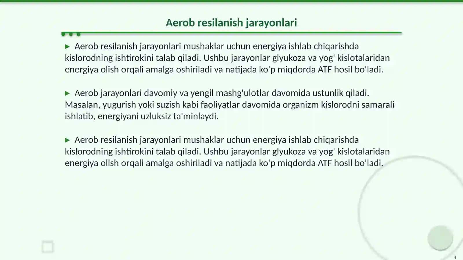 Muskul ish faoliyatida ATFning anaerob va aerob resilanish yoʻlari 4