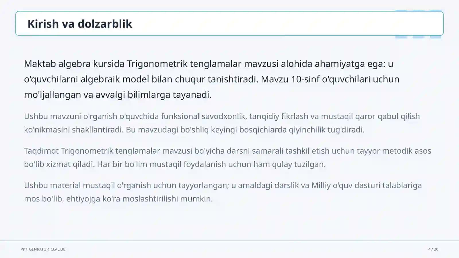 Trigonometrik tenglamalar (10-sinf) 4