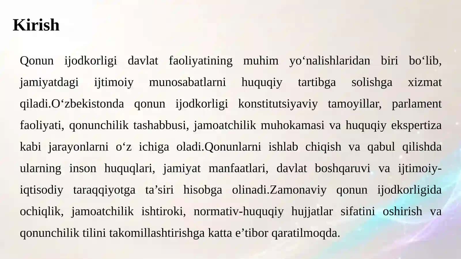 O‘zbekistonda qonunijodkorligi jarayonining o‘ziga xos xususiyatlari 4