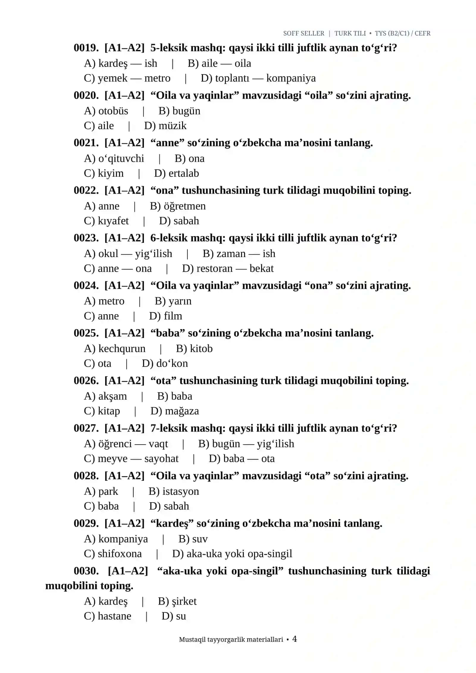 TURK TILI — TYS (B2/C1) / CEFR/TURK TILI IMTIHON 1000 TA TOPSHIRIQ 2026-2027.docx 4