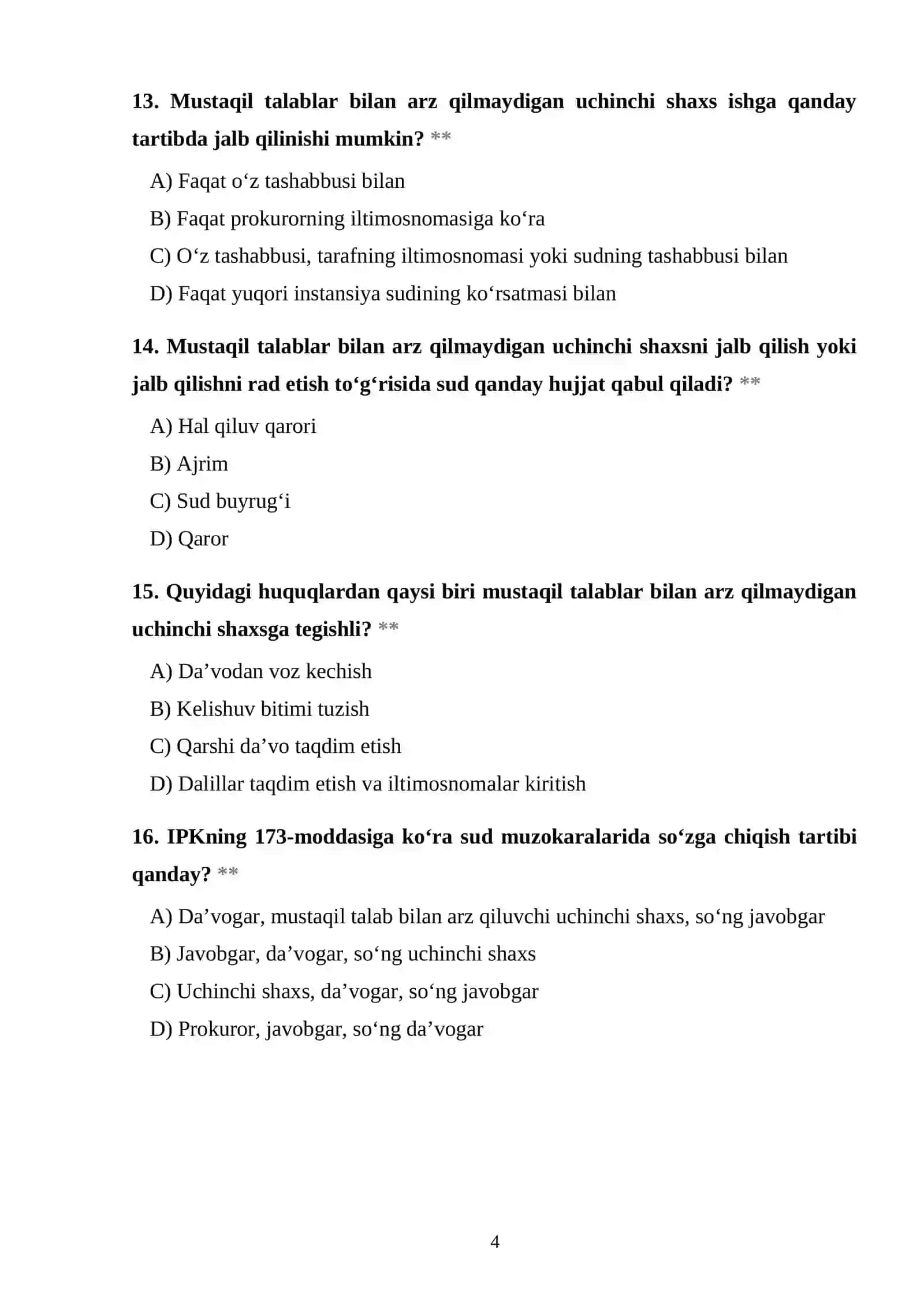 Iqtisodiy protsessual huquqi fanidan test 4