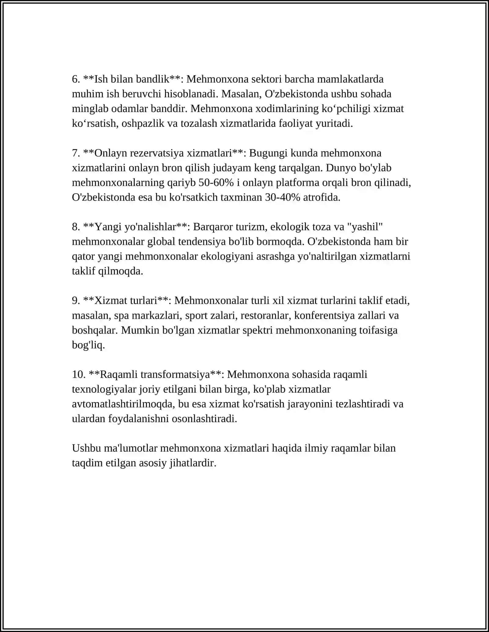 MUSTAQIL ISH Mavzu: TURISTIK XIZMATLAR TARKIBI 4