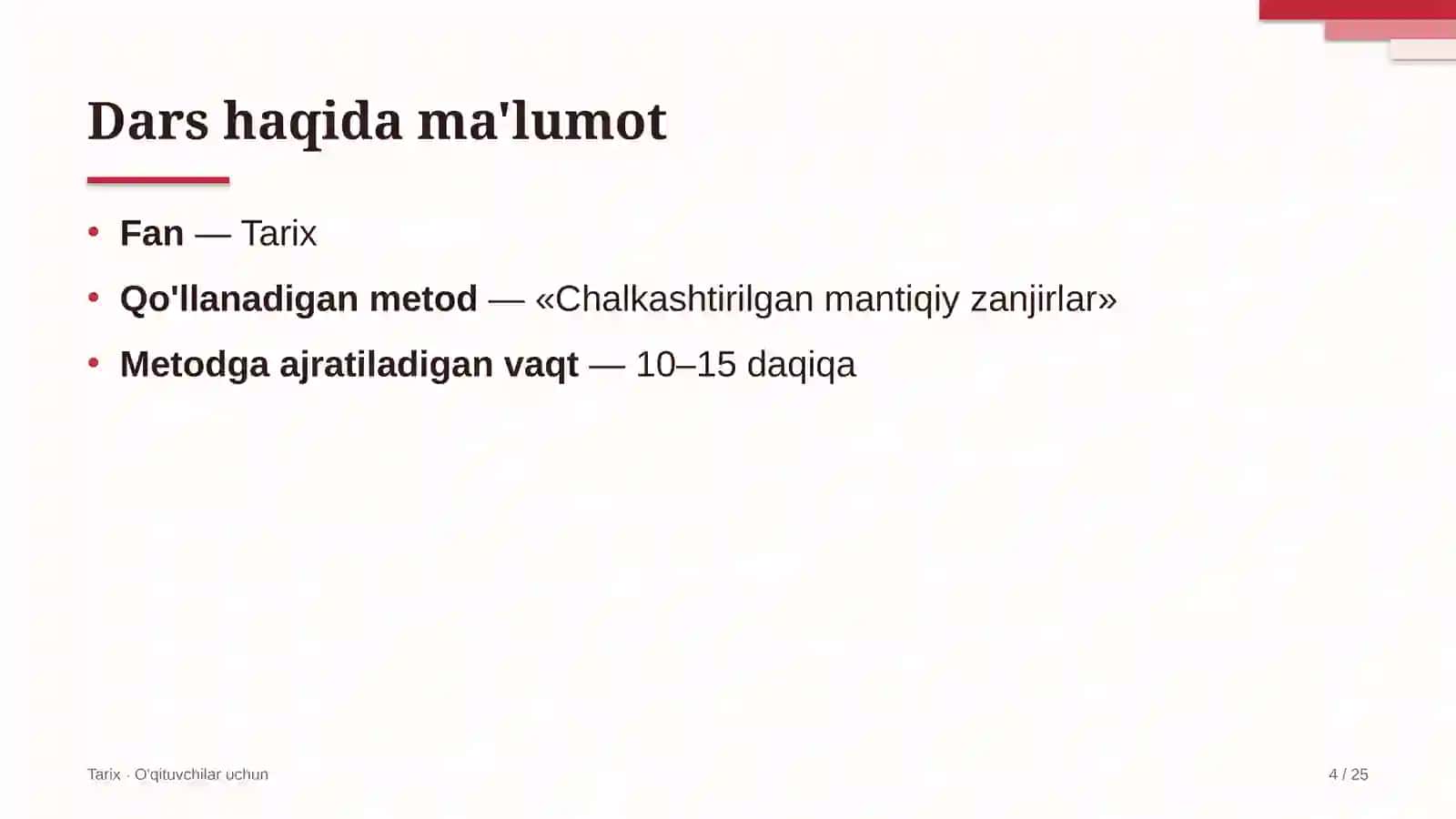 tarix darslarida chalkashtirilgan mantiqiy zanjirlar metodidan foydalanish 4580 4