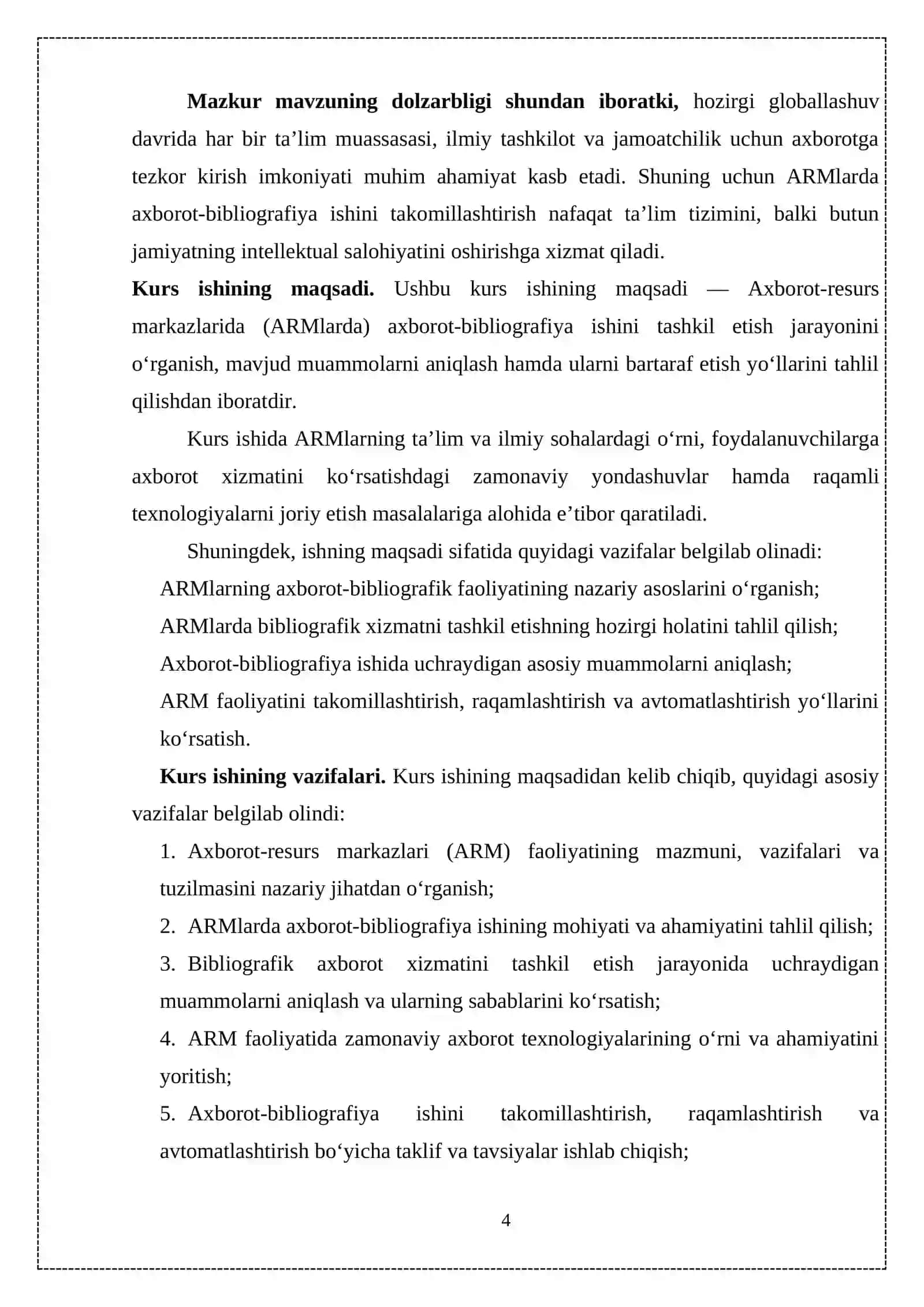 ARM larda axborot bibliografiya  ishini tashkil qilish muammolari kurs ishi 4