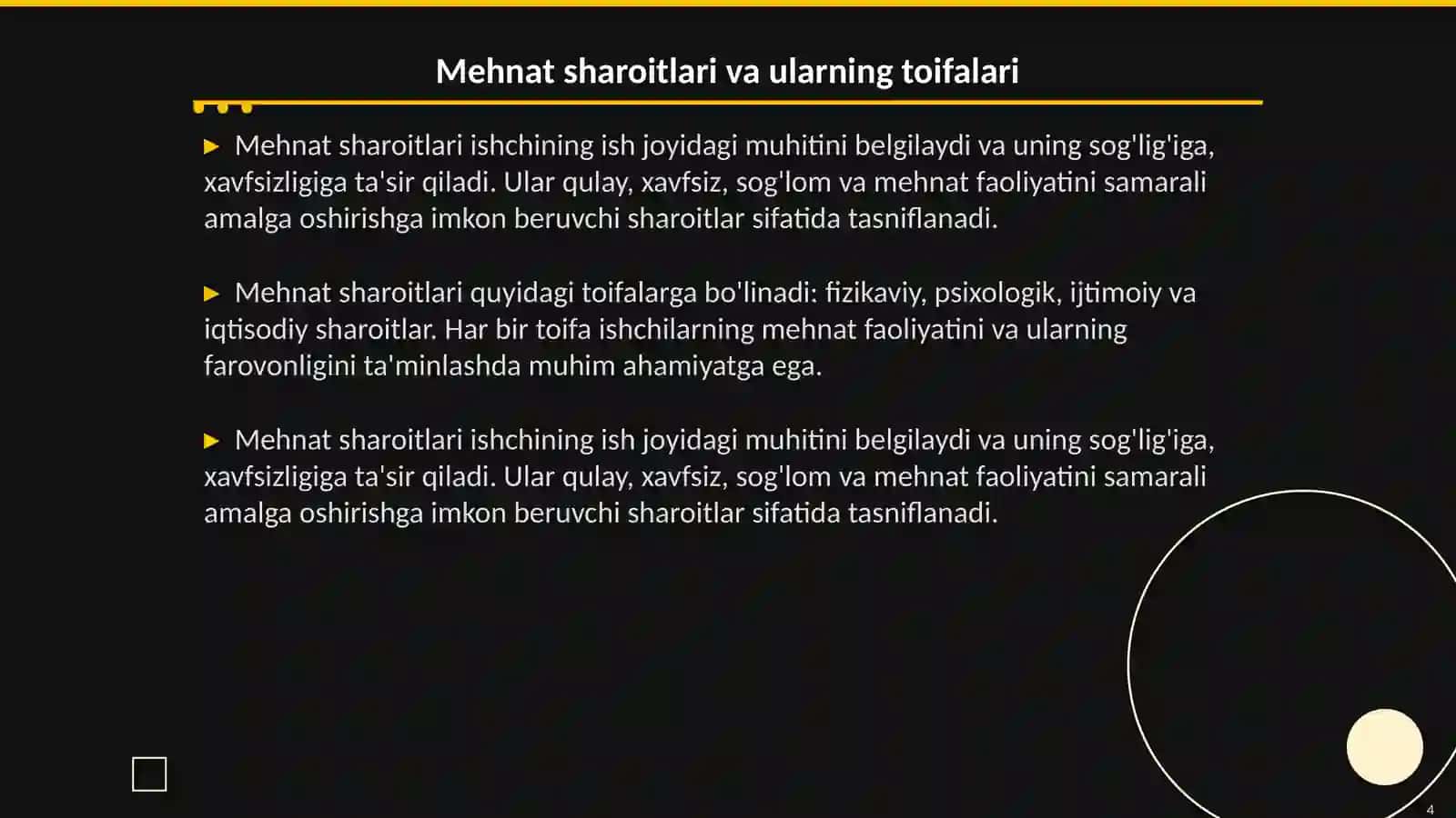 Mehnat huquqlari va mehnatning munosib sharoitlariga bo'lgan konstitutsiyaviy kafolatlar 4