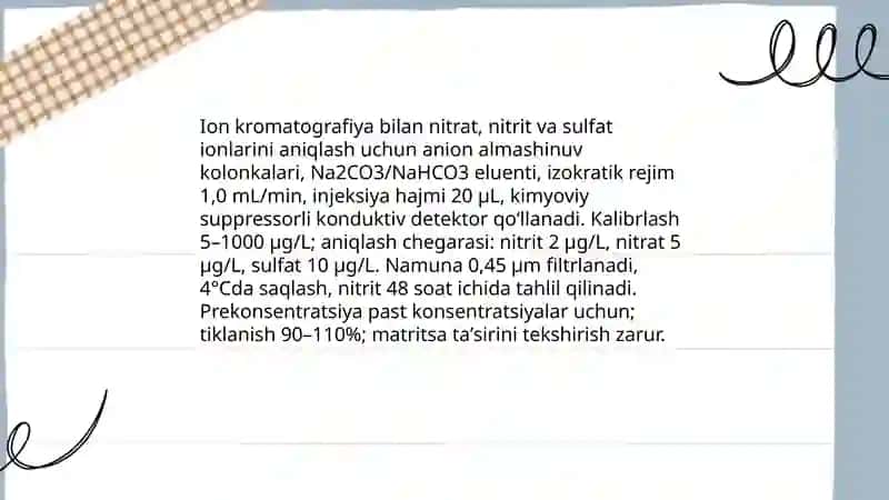 Tuproq va suvning ifloslanishida ion bogʻlanishli birikmalarni aniqlash ulardan tozalash usulini ishlab chiqish 4