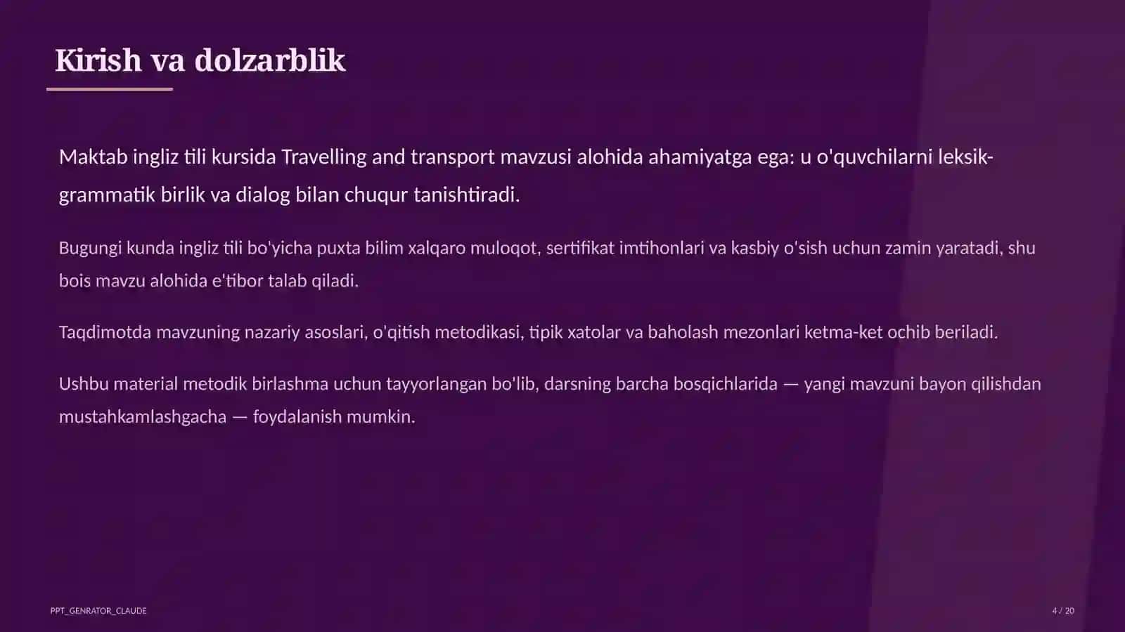 6-sinf Ingliz tili Travelling and transport metodik birlashma 4