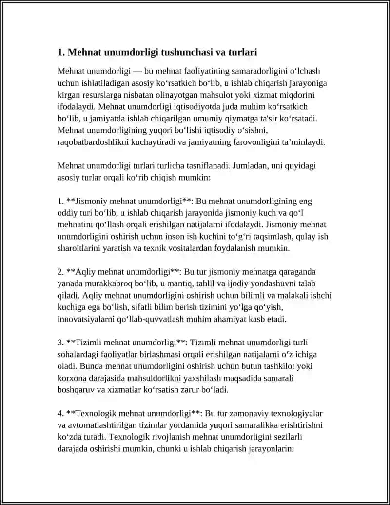 MEHNAT UNUMDORLIGINING TURLARI, OMILLARI VA UNING MEHNAT UNUMDORLIGINING AHAMIYATI 4