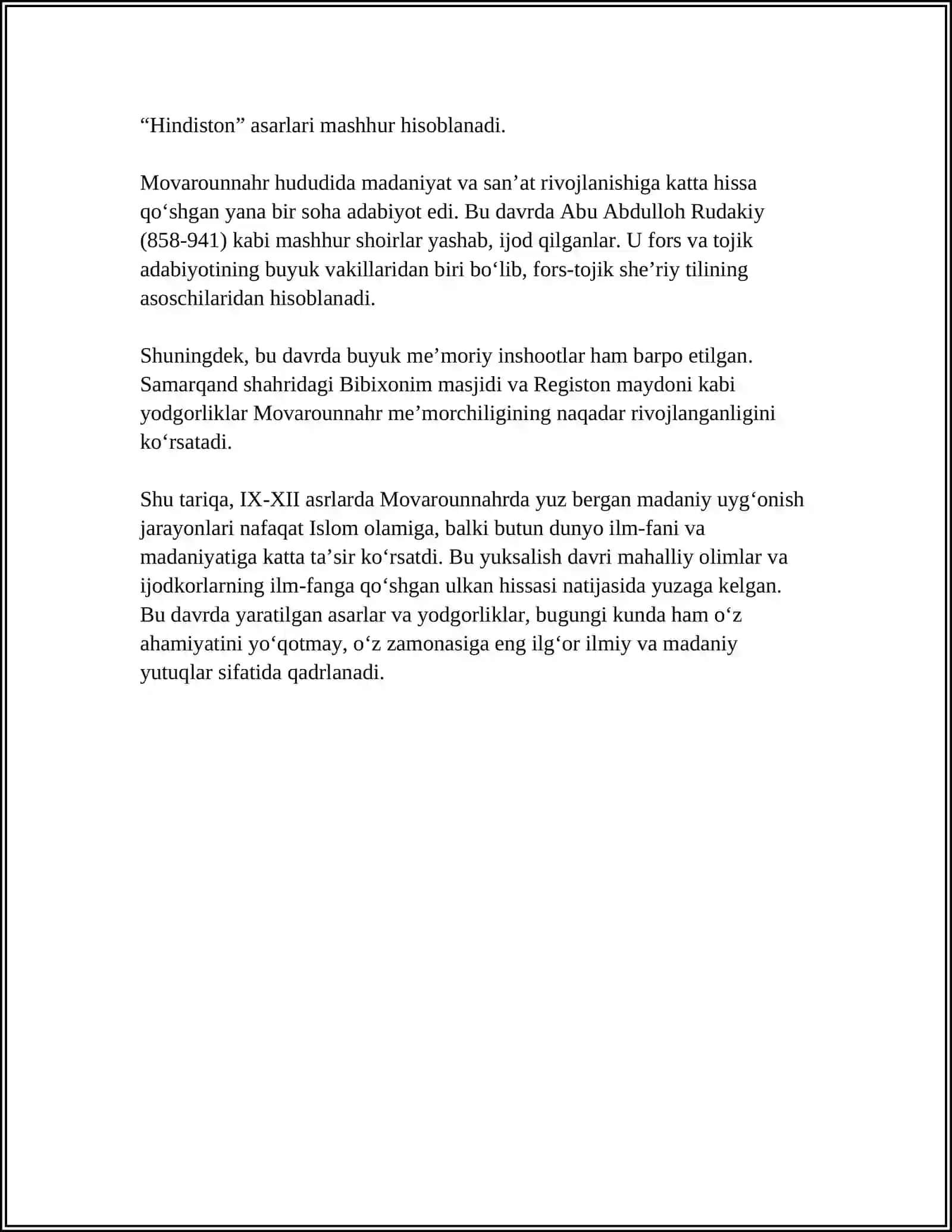 IX-XXII ASRLARDA MAMLAKATIMIZ HUDUDIDA RÓY BERGAN MADANIY UYGʻONISH 4