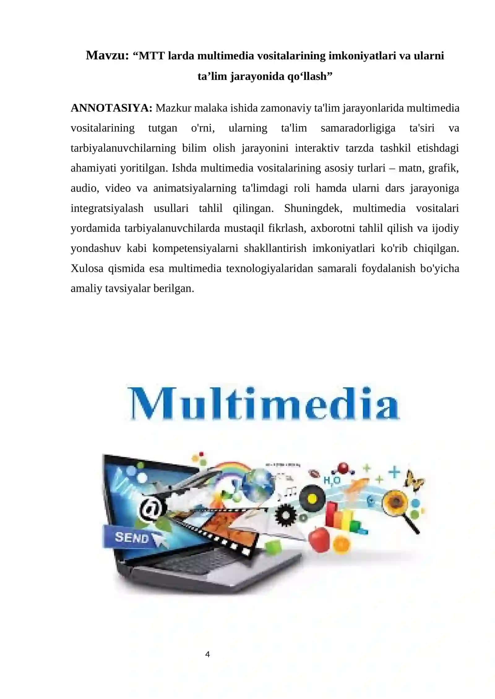 MTT larda multimedia vositalarining imkoniyatlari va ularni taʼlim jarayonida qoʻllash 4