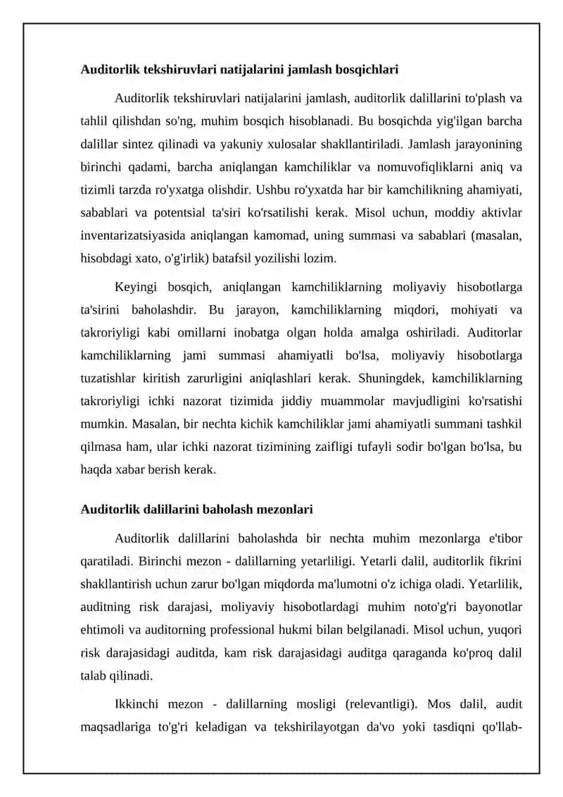 REFERAT: Auditorlik tekshiruvlari natijalarini umumlashtirish va baxolash 4