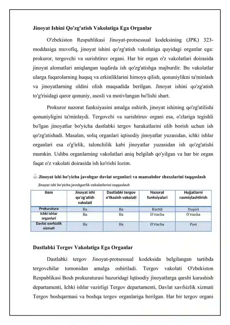 JINOYAT ISHINI YURITISHGA MASʼUL BOʻLGAN DAVLAT ORGANLARI VA MANSABDOR SHAXSLAR 4