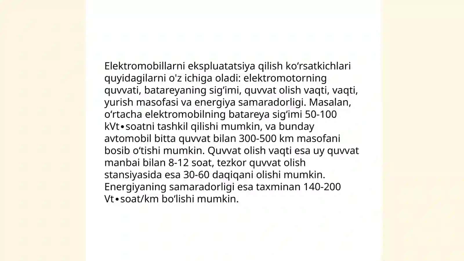 Elektromobil avtomobillaridan foydalanish imkoniyatlari ularning ekspluatatsion koʻrsatkichlarini oʻrganish 4