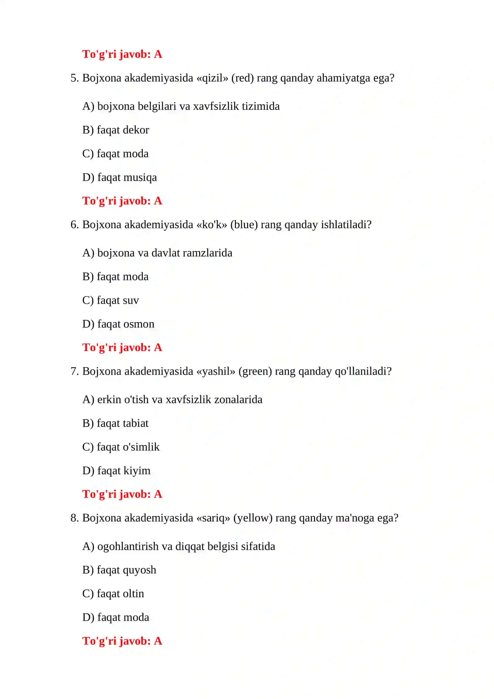 BOJXONA AKADEMIYASI ABITURIYENT TESTLARI 4