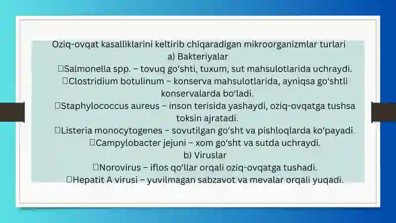 Oziq-ovqat kasalliklarini keltirib chiqaradigan mikroorganizmlar 4