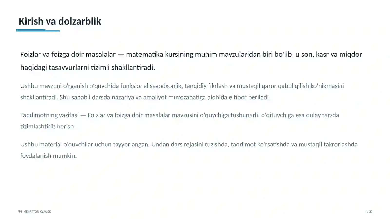 Foizlar va foizga doir masalalar (5-sinf) 4