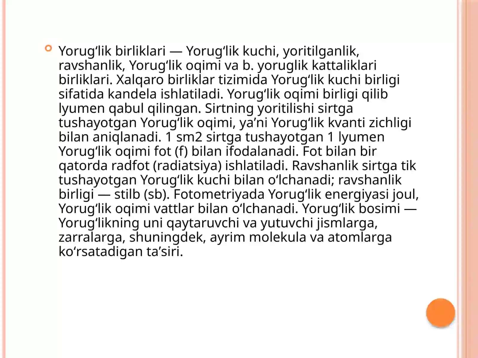 YORUG’LIKNING ISSIQLIK VA KIMYIVIY TA’SIRI.FOTOLYUMINESSENSIYA, FLURORESSENSIYA VA FOSFORESSENSIYASI.O’SIMLIKLAR FLUORESSENSIYA QONUNIYATLARINING FIZIK TALQINI 4