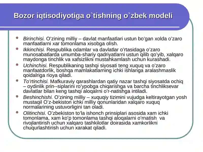 O’ZBEKISTONNING O’Z ISTIQLOL VA TARAQQIYOT YO’LITARAQQIYOTNING O’ZBEK MODELI 4