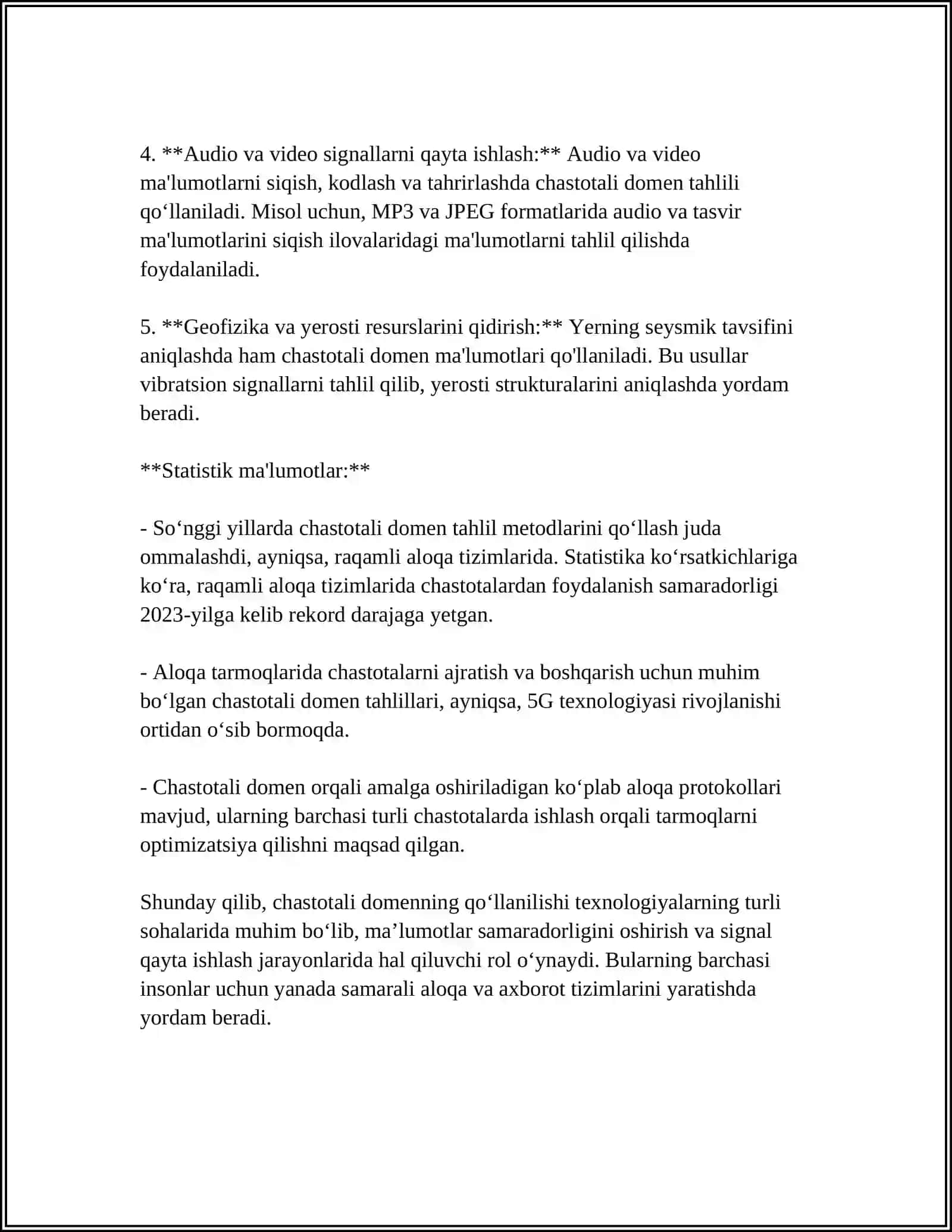 MUSTAQIL ISH Mavzu: CHASTOTALI DOMENLARNI FILTRLASH ASOSLARI 4