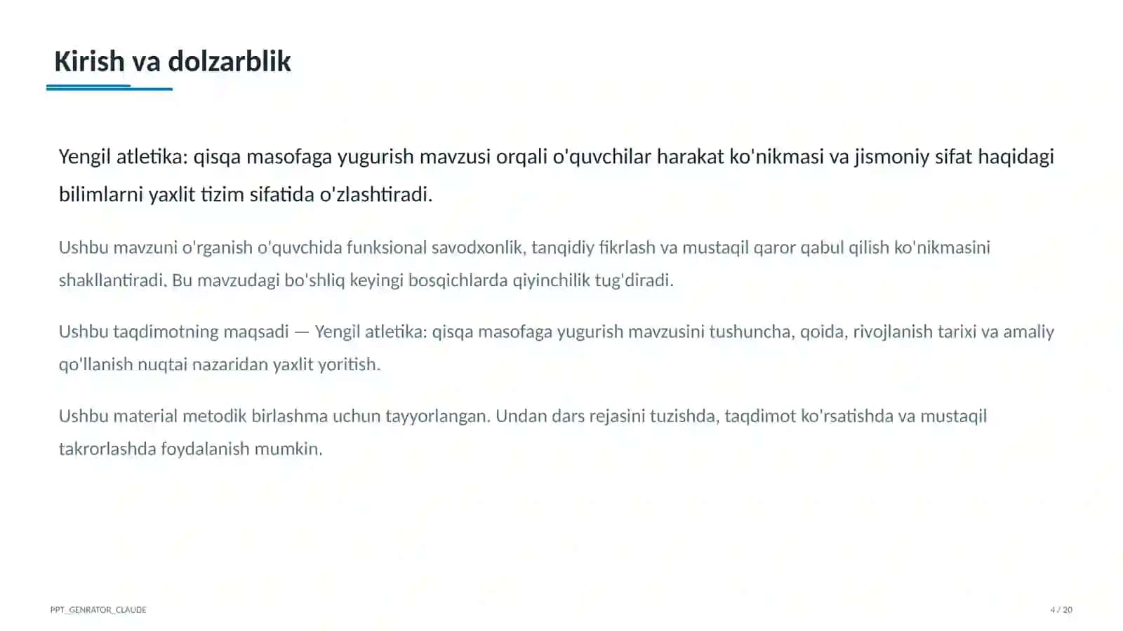 Yengil atletika: qisqa masofaga yugurish (4-sinf) 4