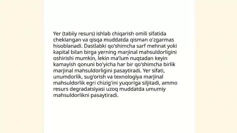 Ishlab chiqarish omillari va ishlab chiqarish omillarini chekli mahsuldorligini kamayish qonuni 4