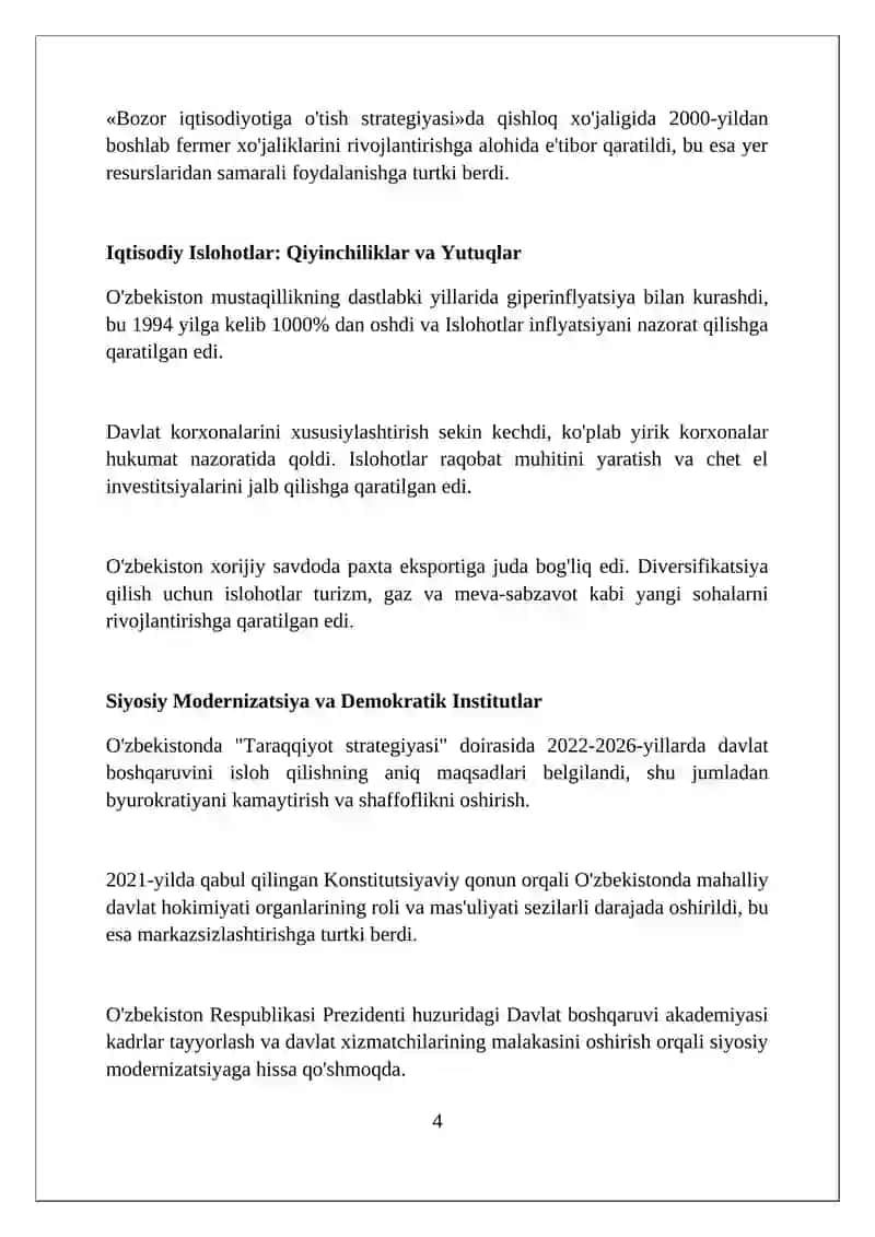 O‘zbekistonning O‘ziga Xos Istiqlol va Taraqqiyot Yo‘l 4