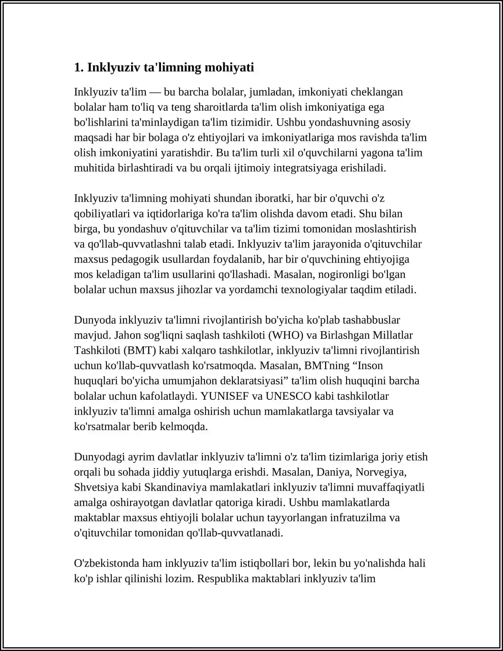 INKLYUZIV TA'LIMGA KIRISHNI ASOSIY TAMOYILLARI HAQIDA MALUMOT 4