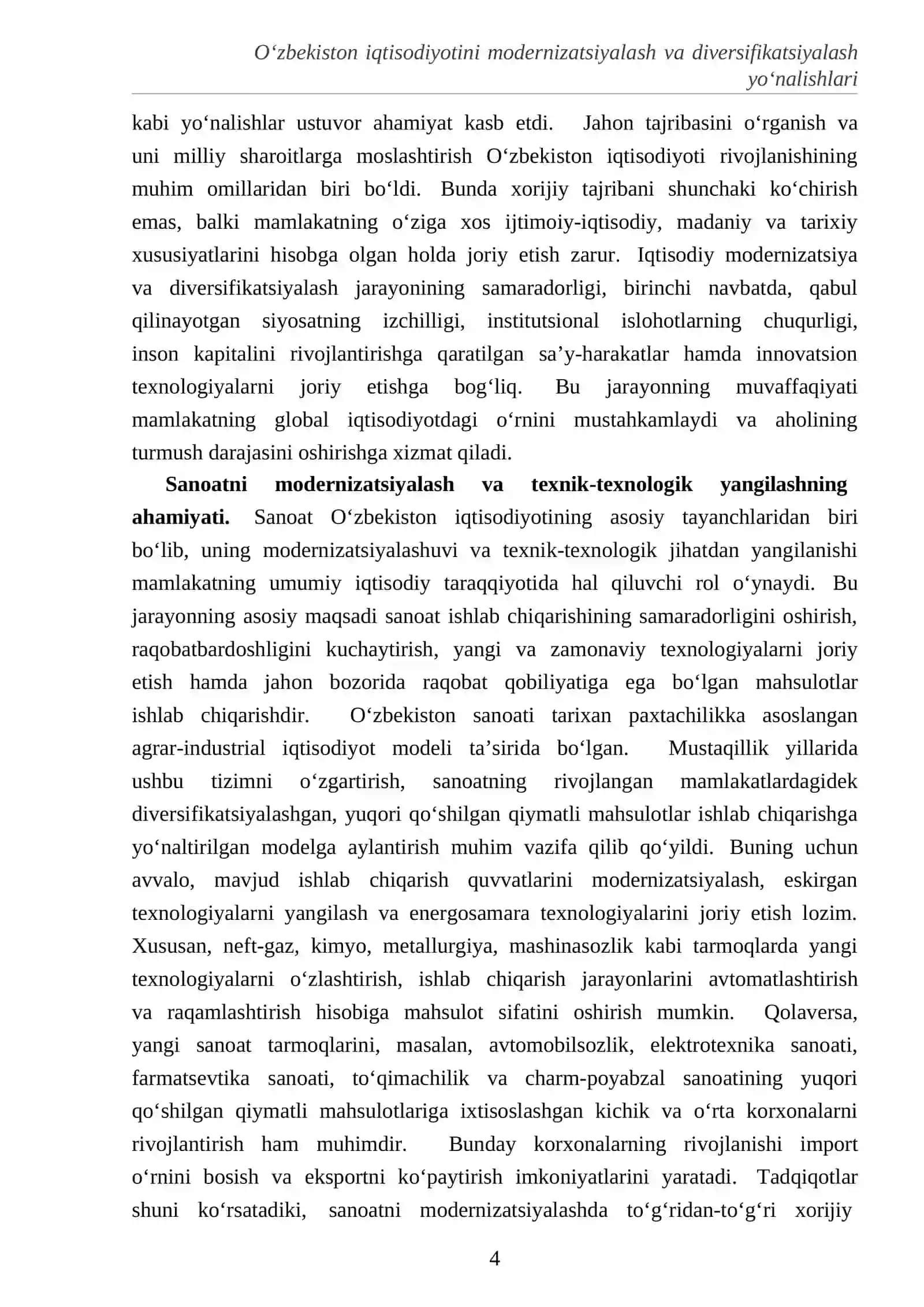 O‘zbekiston iqtisodiyotini modernizatsiyalash va diversifikatsiyalash yo‘nalishlari 4