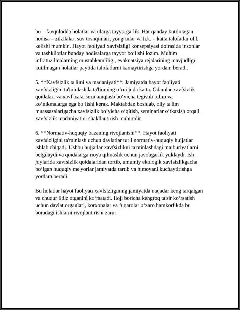 HAYOT FAOLIYATI HAVFSIZLIGINING HOZRGI VAQTDA AHAMIYATI VA OʻRNI 4