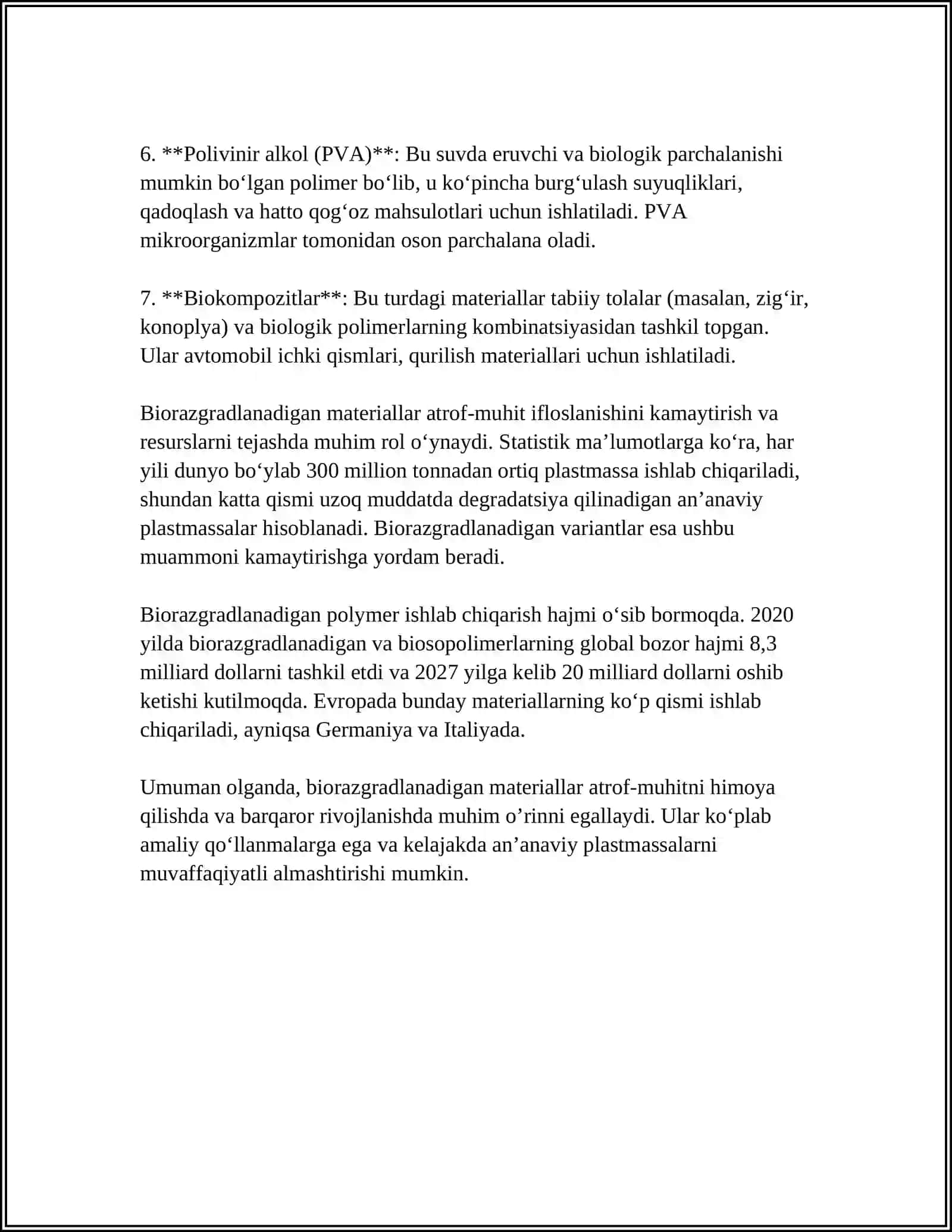 MUSTAQIL ISH Mavzu: BIORAZGRADLANUVCHI MATERIALLAR ISHLAB CHIQARISH 4
