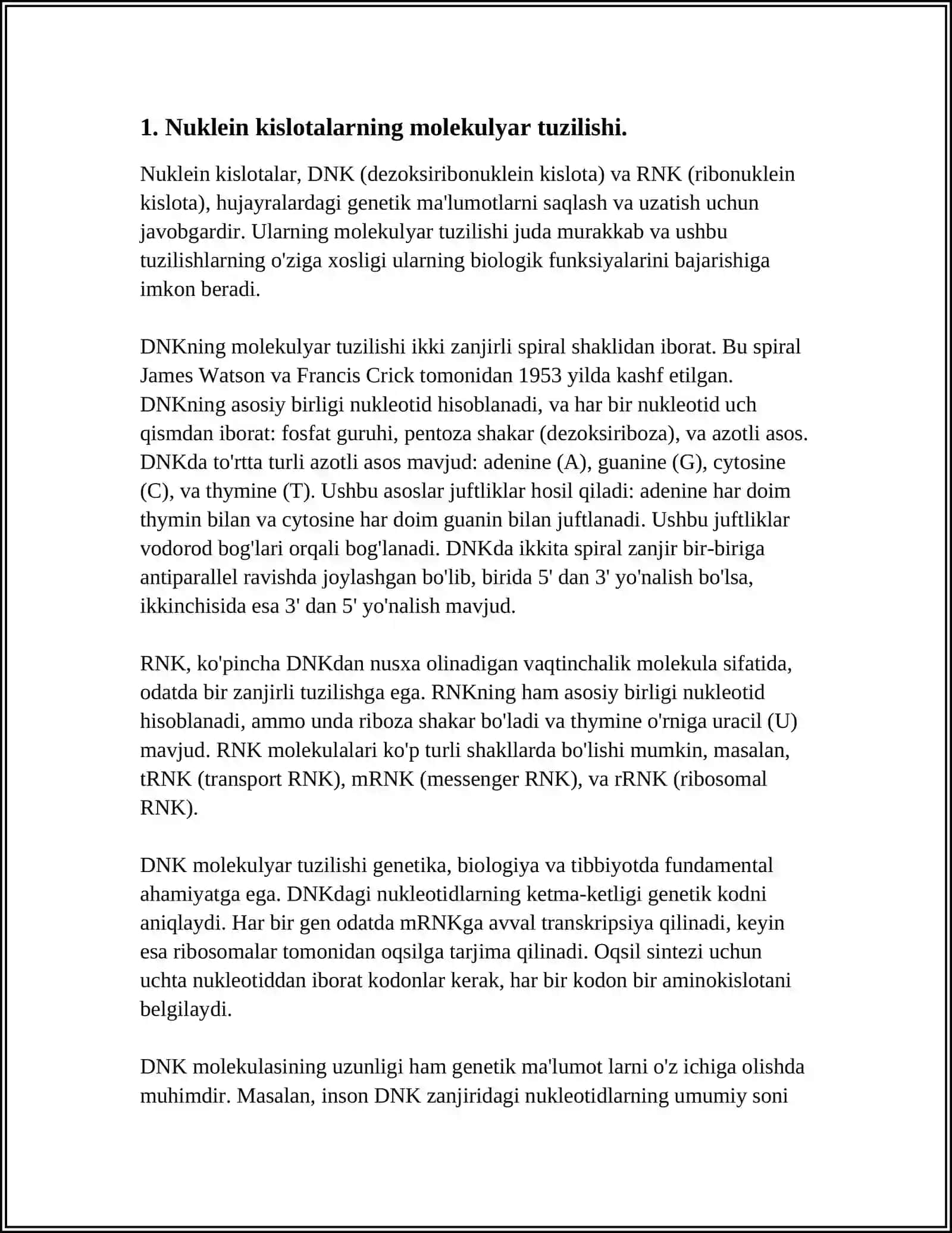 TIRIKLIKNING MOLEKULYAR ASOSLARI NUKLEIN KISLATALAR VA IRSIY BELGILARNI NASLDA-NASLGA OTISHIDAGI ROLI DNK NING OQSIL BIOSENTIZIDAGI ROLI GENETIKA KOD OQSIL BIOSENTIZINING BOSHQARILISHI 4