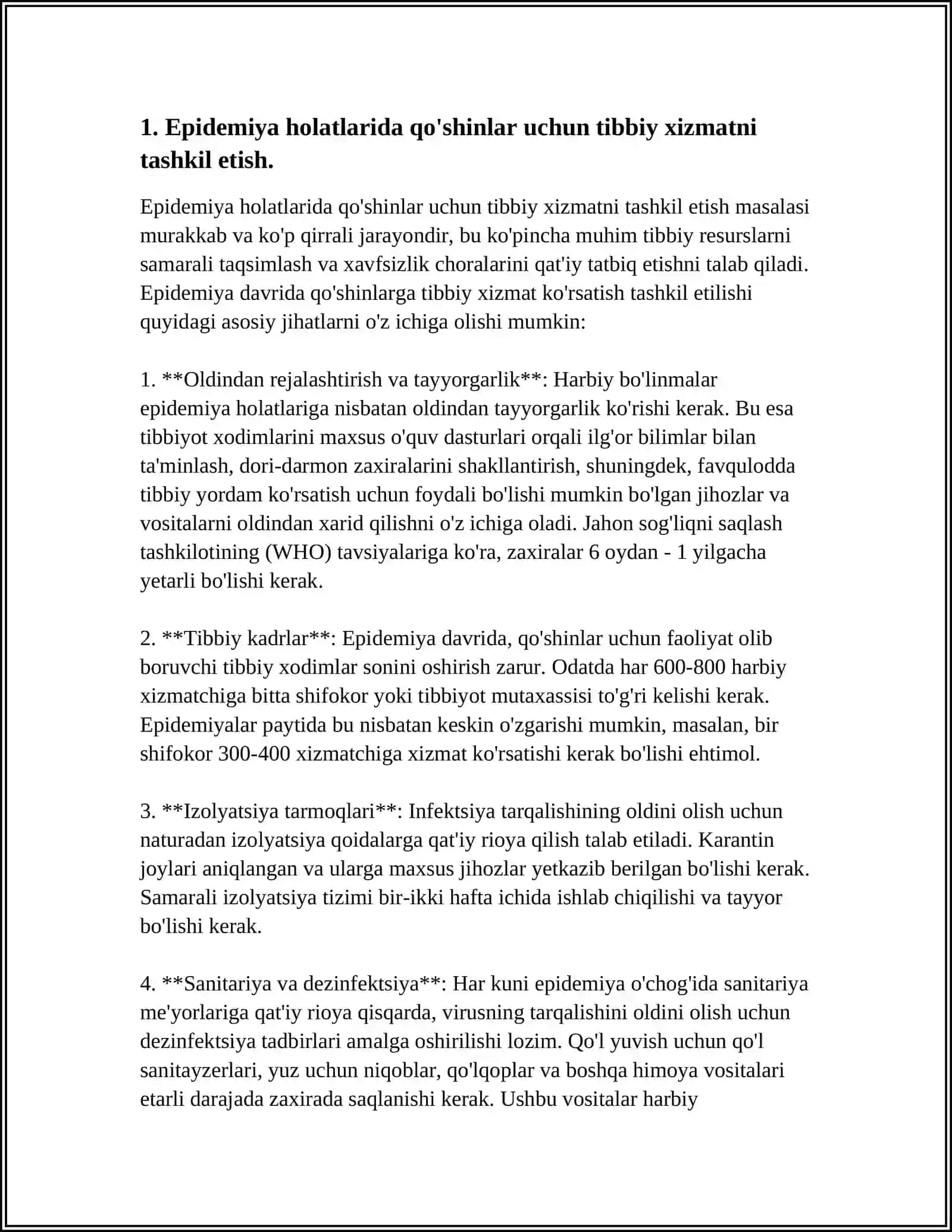 QOʻSHINLAR ORASIDA EPIDEMIYAGA QARSHI CHORA TADBIRLARNI OʻTKAZISH VA TASHKILLASHTIRISH UCHUN JALB ETILADIGAN KUCHLAR VA VOSITALAR 4