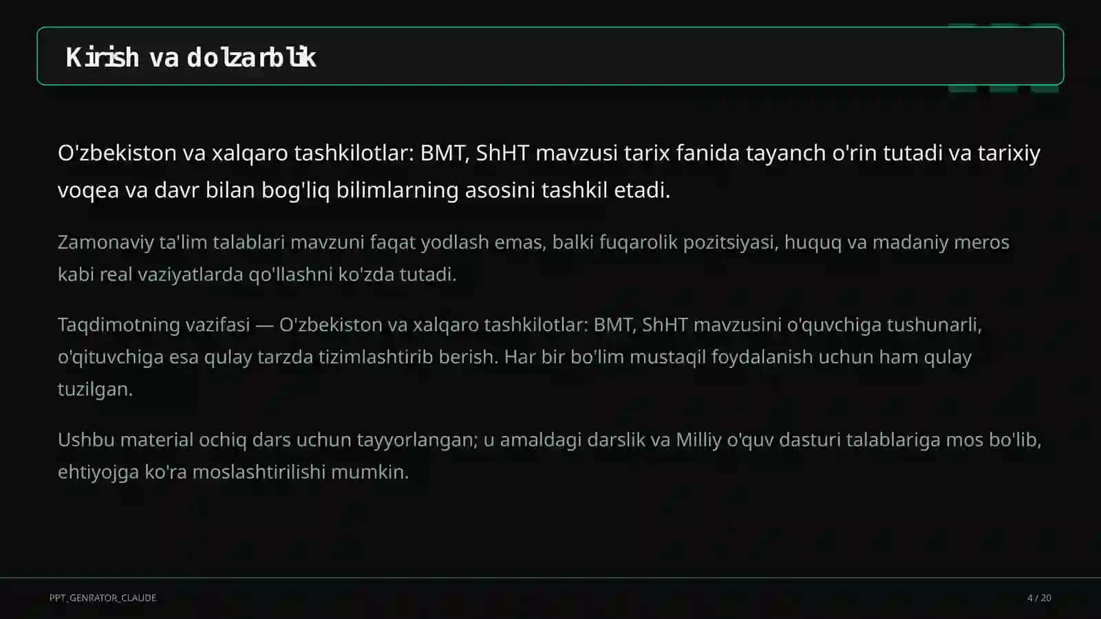O'zbekiston va xalqaro tashkilotlar: BMT, ShHT (11-sinf) 4