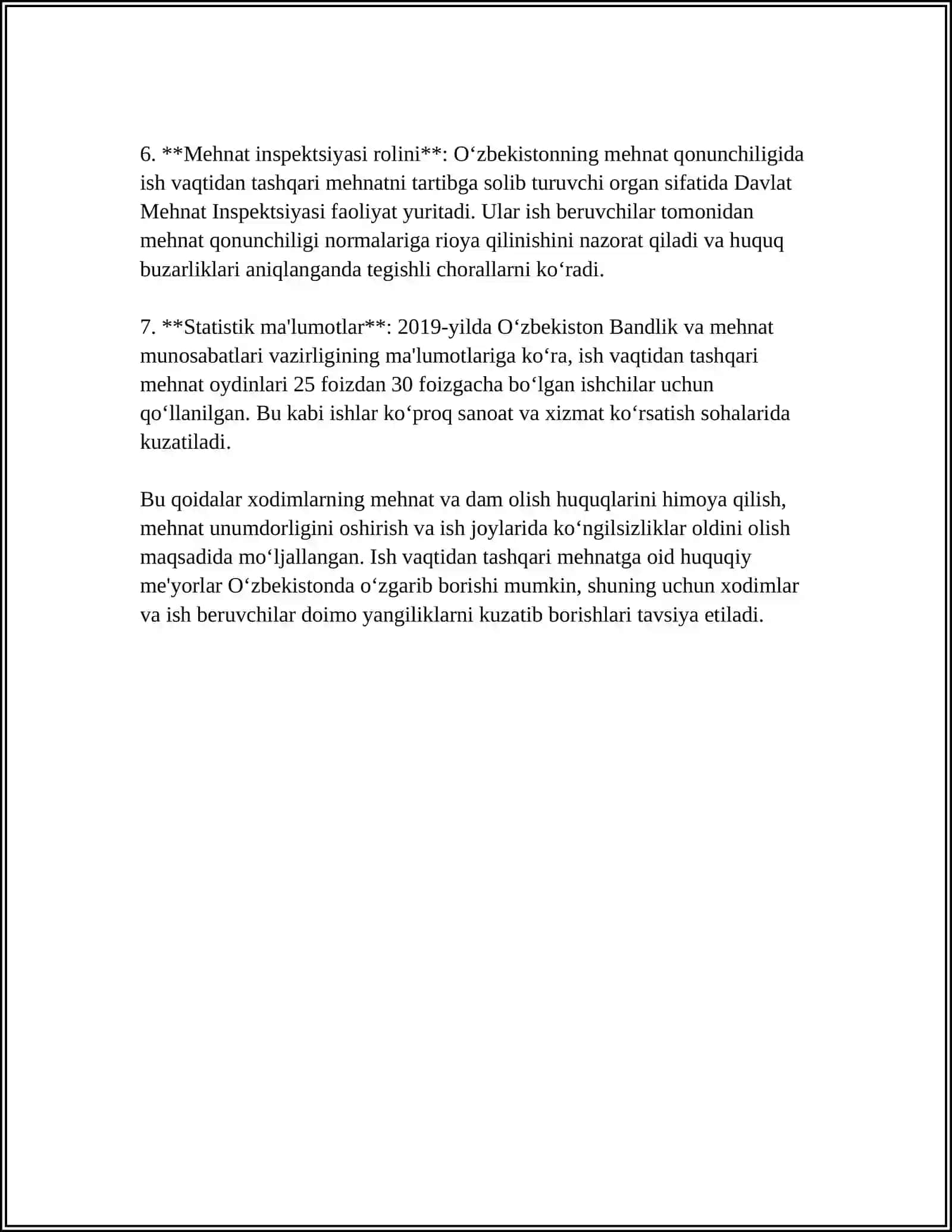 MUSTAQIL ISH Mavzu: ISH VAQTIDAN TASHQARI MEHNAT VA UNING HUQUQIY TARTIBGA SOLINISHI 4