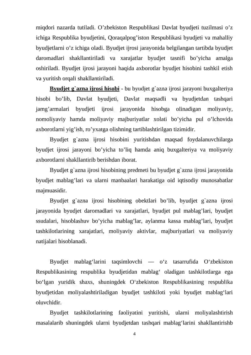 DAVLAT BYUDJETI VA DAVLAT MAQSADLI JAMG`ARMALARI BYUDJETI IJROSI BO`YICHA BYUDJET HISOBINI TASHKIL ETISH 4