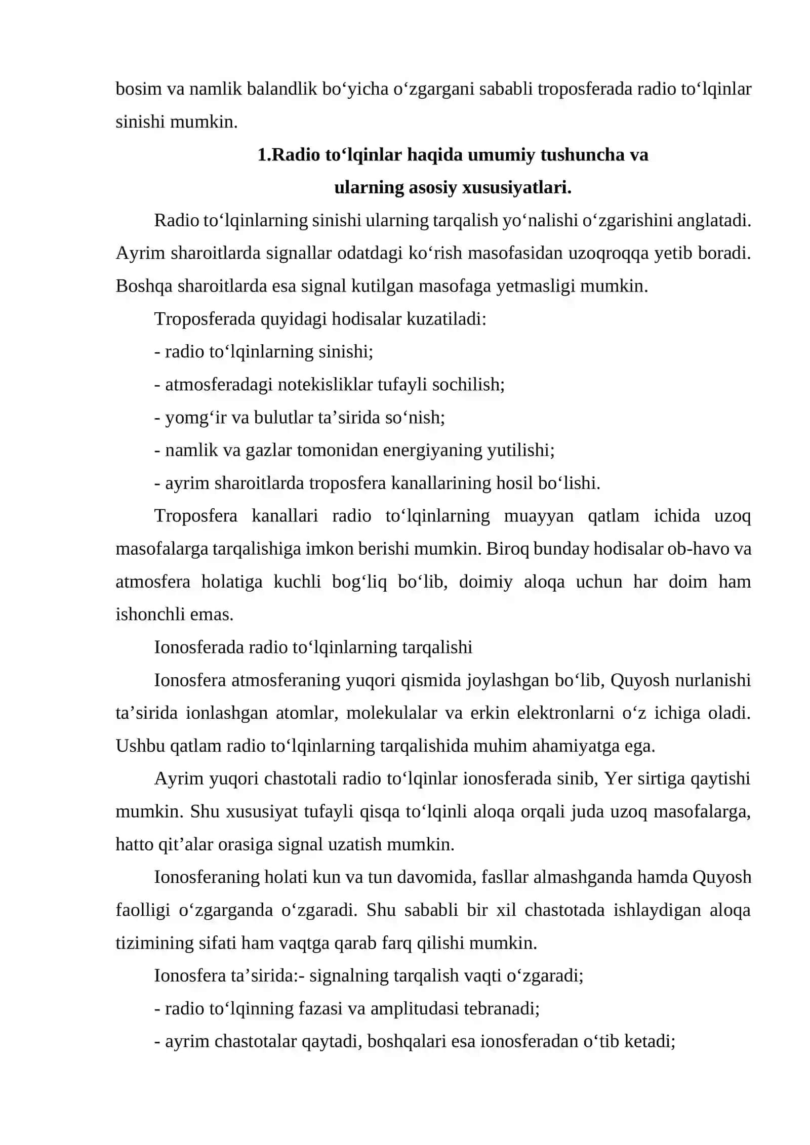 KOSMIK FAZODA VA ATMOSFERADA RADIO TO‘LQINLARNING TARQALISH XUSUSIYATLARI VA SO‘NISH OMILLARI. 4