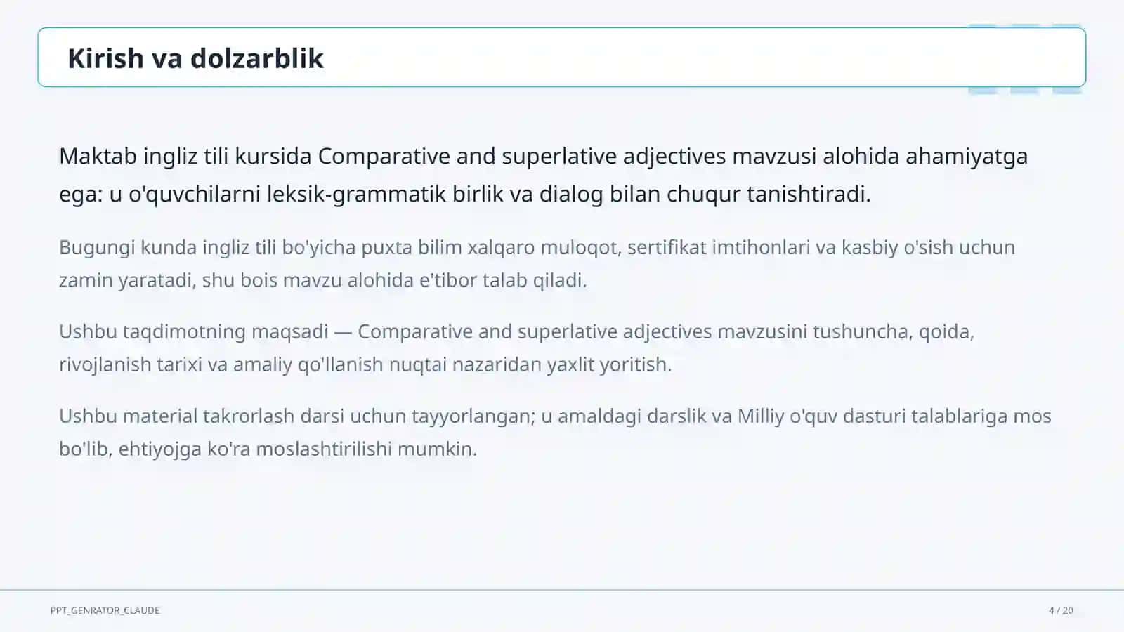 Comparative and superlative adjectives (6-sinf) 4